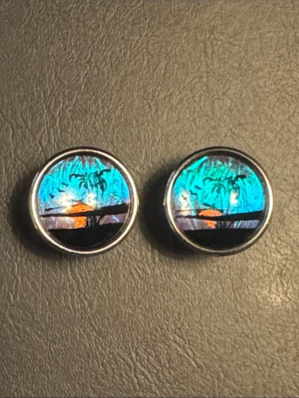 Vintage Butterfly Wing Silver Palm Tree Oval Cufflinks